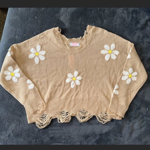 Cropped Daisy Floral Print V Neck Long Sleeve Personality Sweater Ribbed Trim - Picture 6 of 15